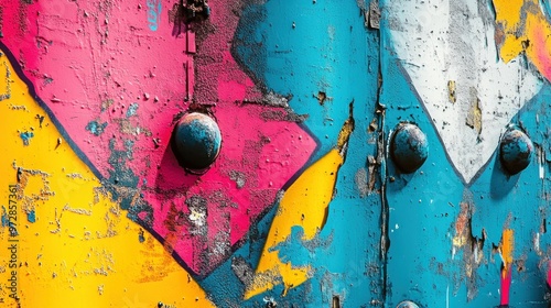 Contemporary graffiti on a metal wall with bold colors and abstract forms, brightly lit by daylight, emphasizing the vibrant and edgy nature. photo