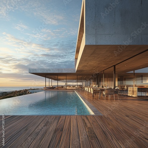Stylish beach house with sea view swimming pool and terrace in modern style 3d illustration of contemporary holiday villa exterior showcasing lounge chairs on wooden floor deck.