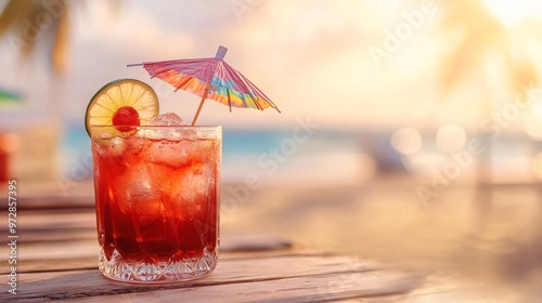 Refreshing tropical cocktail with cherry and umbrella on a beachside table during a sunny day