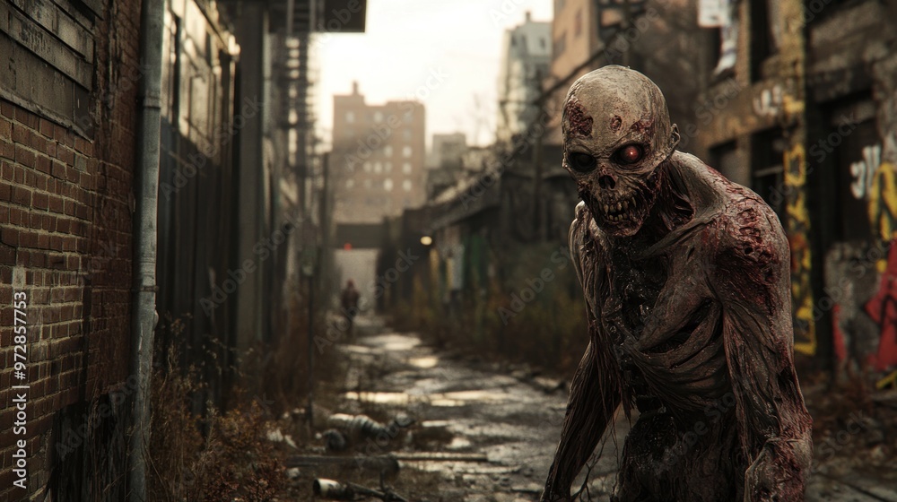 Decaying zombie walking through an abandoned city street at dusk, with an eerie and foreboding atmosphere. Decaying zombie walking through an abandoned city street at dusk, with an eerie and foreboding atmosphere.