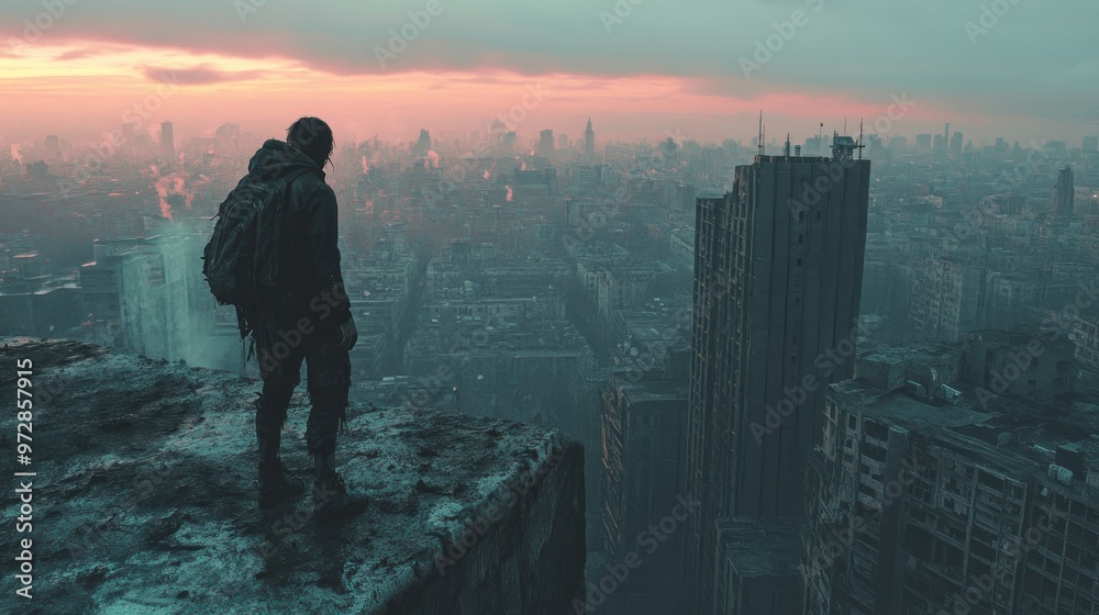Fototapeta premium Zombie standing at the edge of a cliff overlooking a ruined city at twilight, creating a haunting and apocalyptic scene.