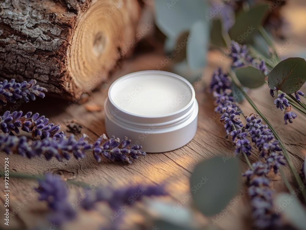 White moisturizer jar cosmetic mockup on rustic wooden surface with lavender and eucalyptus leaves, creating a natural and calming setting. Skincare advertisent. White moisturizer jar cosmetic mockup on rustic wooden surface with lavender and eucalyptus leaves, creating a natural and calming setting. Skincare advertisent.