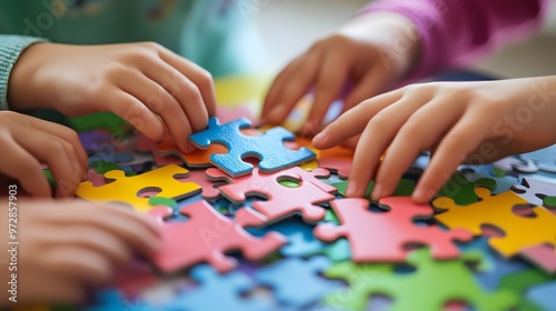 Children's Hands Working on Colorful Puzzle