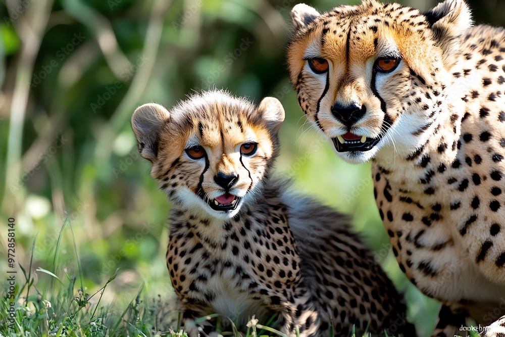 Obraz premium A pair of cheetah cubs playing in the grass, learning how to hunt by pouncing on each other under the watchful eye of their mother