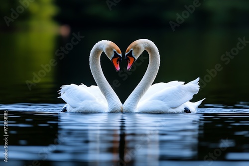 Fototapeta Naklejka Na Ścianę i Meble -  A pair of swans gliding across a calm lake, their long necks forming a graceful heart shape as they swim together
