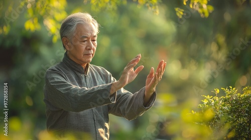 Individual practicing Tai Chi for managing health issues, serene look, outdoor setting photo