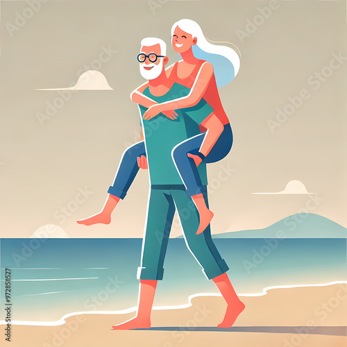 Happy Couple Enjoying a Beach Piggyback Ride
 photo