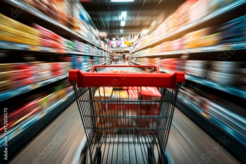 Fast-Moving Cart Racing Through Blurred Aisles, Capturing the Essence of Speed Shopping with Copy Space