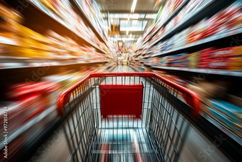 Fast Cart Rushing Through Product-Filled Aisles, Capturing the Thrill of Speed Shopping with Copy Space