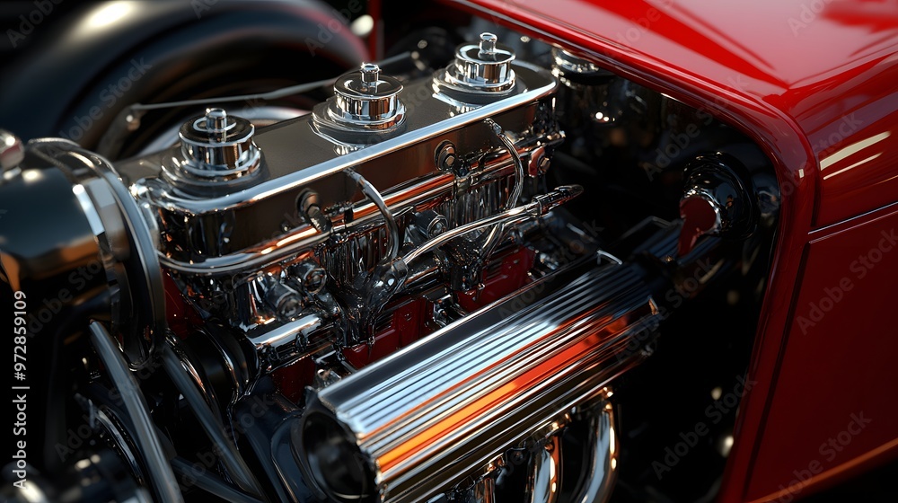 Fototapeta premium 2. **Detailed 3D model of a vintage car engine showcasing its classic components and chrome accents