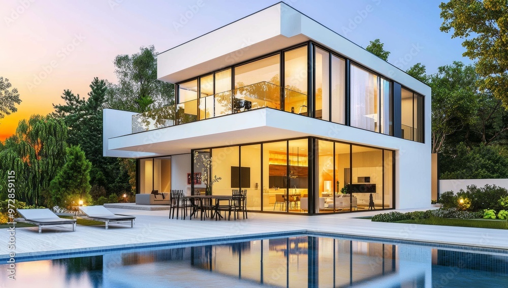 Fototapeta premium Modern white cottage with pool and terrace, Stock