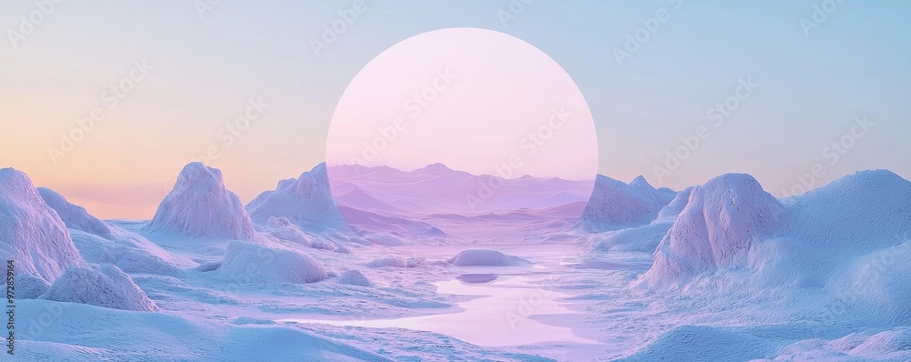 Surreal winter landscape with glowing sun and pastel sky reflecting on snowy mountains and icy terrain Surreal winter landscape with glowing sun and pastel sky reflecting on snowy mountains and icy terrain