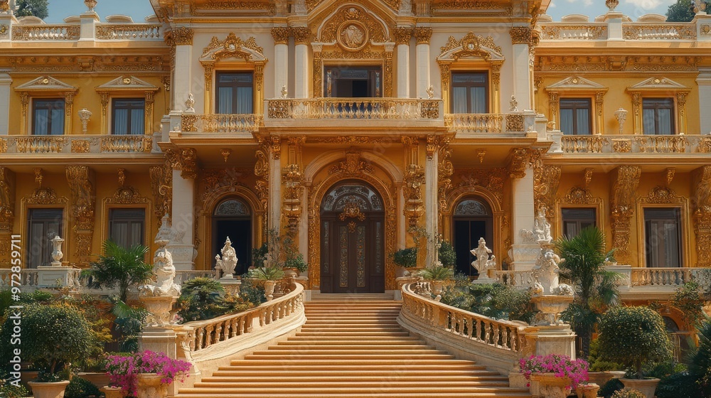 Ornate mansion with grand staircase and sculpted statues Ornate mansion with grand staircase and sculpted statues