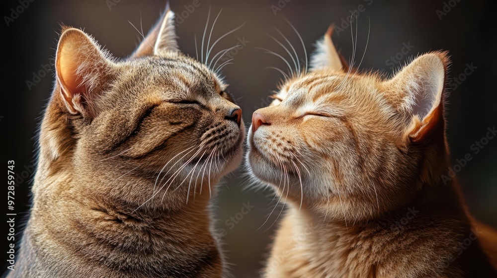 Two cats nuzzle noses eyes closed in contentment Two cats nuzzle noses eyes closed in contentment
