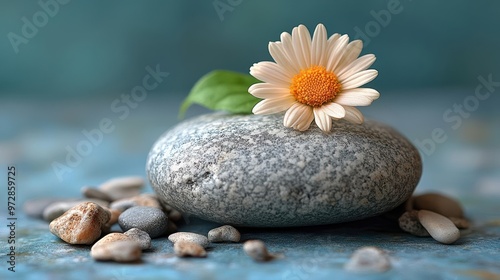 A delicate white flower blooms atop a smooth grey stone