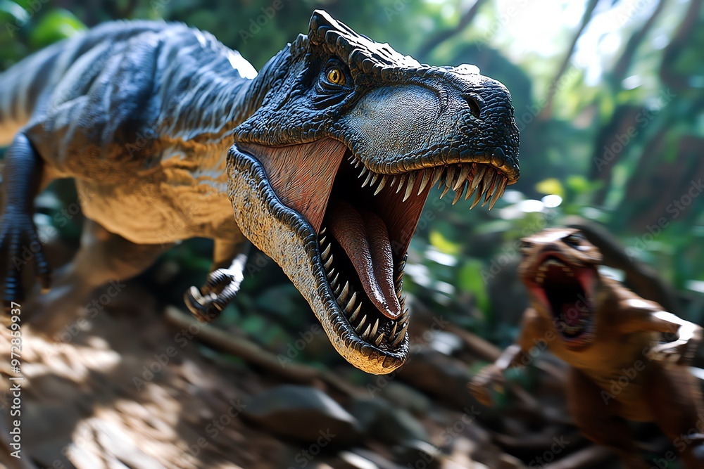 A predator-prey chase through the jungle, with an Allosaurus racing after a terrified herbivore, dodging fallen trees and boulders