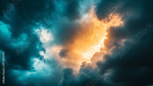 A dramatic sky, filled with dark, ominous clouds, illuminated by the last rays of sunlight, creating a high-contrast image that foreshadows the impending storm