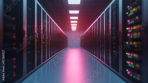 A modern data center corridor with rows of server racks illuminated by colorful lights, creating futuristic atmosphere. perspective draws viewer into depth of space.