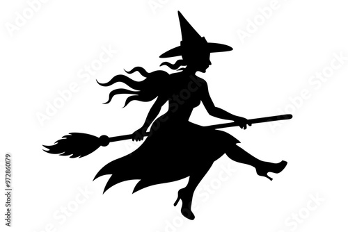 Witch flying on a broomstick silhouette, Halloween witch with broom vector illustration