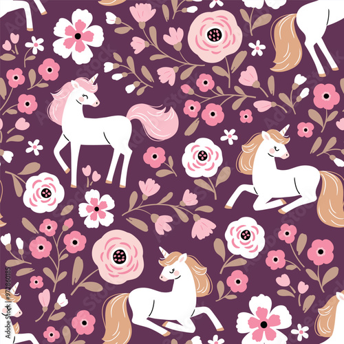 Seamless vector pattern with cute hand drawn unicorns on floral background. Perfect for textile, wallpaper or print design. EPS 10 vector file.