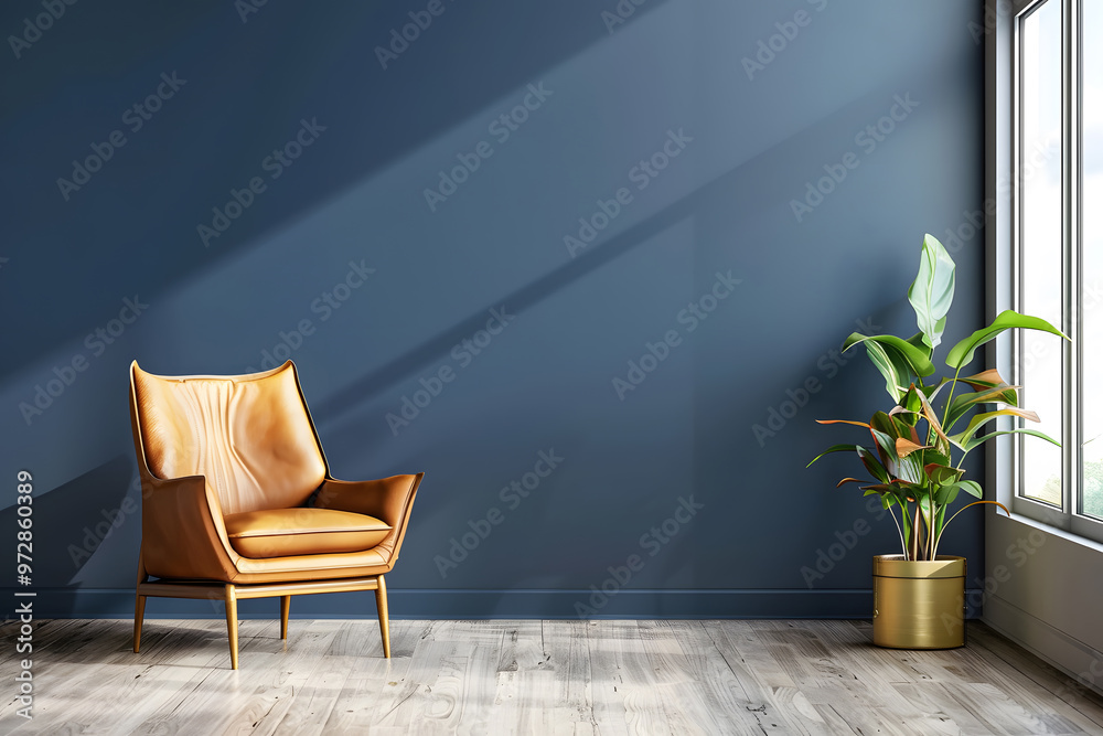 Living room with leather armchair on empty dark blue wall background. Generative Ai.