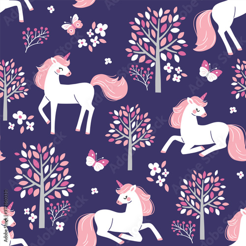 Seamless vector pattern with cute hand drawn unicorns on floral background. Perfect for textile, wallpaper or print design. EPS 10 vector file.