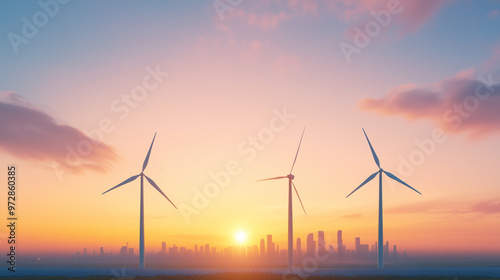 Breathtaking wind turbines stand tall against vibrant sunset, with city skyline in background. This scene captures essence of renewable energy and urban life harmoniously.