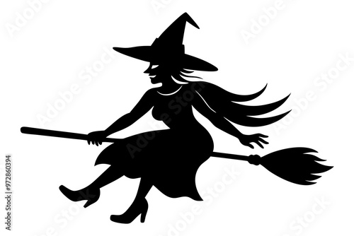 Witch flying on a broomstick silhouette, Halloween witch with broom vector illustration