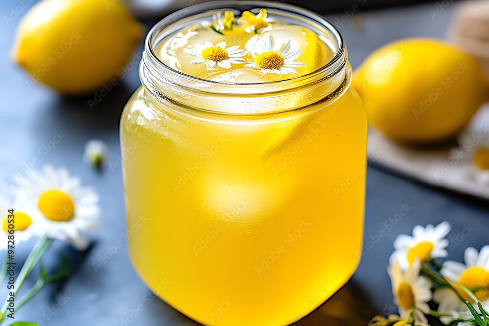 A refreshing chamomile lemonade, served in a mason jar with ice and fresh chamomile blossoms floating on top A refreshing chamomile lemonade, served in a mason jar with ice and fresh chamomile blossoms floating on top