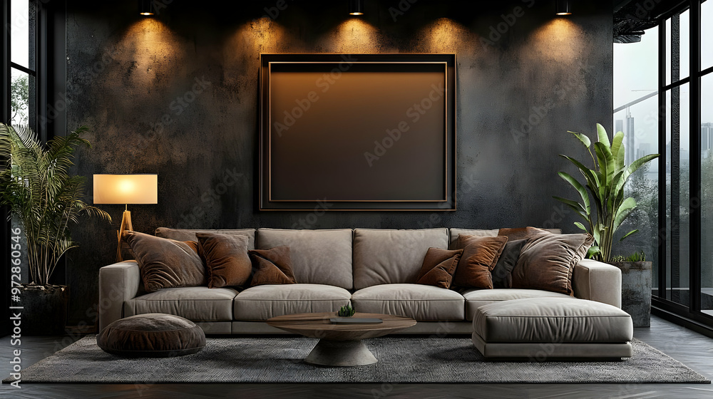 A modern living room featuring a cozy sofa, decorative plants, and ambient lighting. A modern living room featuring a cozy sofa, decorative plants, and ambient lighting.