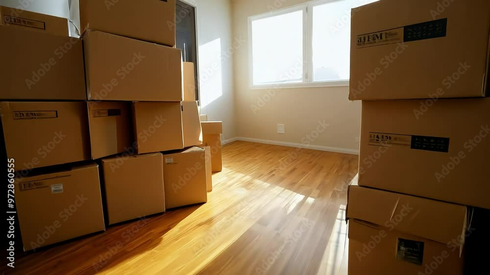 Empty room with moving boxes stacked against the wall Empty room with moving boxes stacked against the wall