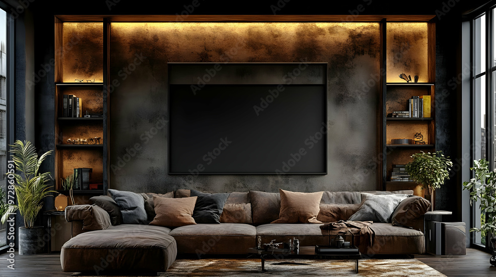 A modern living room featuring a cozy sofa, decorative shelves, and ambient lighting. A modern living room featuring a cozy sofa, decorative shelves, and ambient lighting.