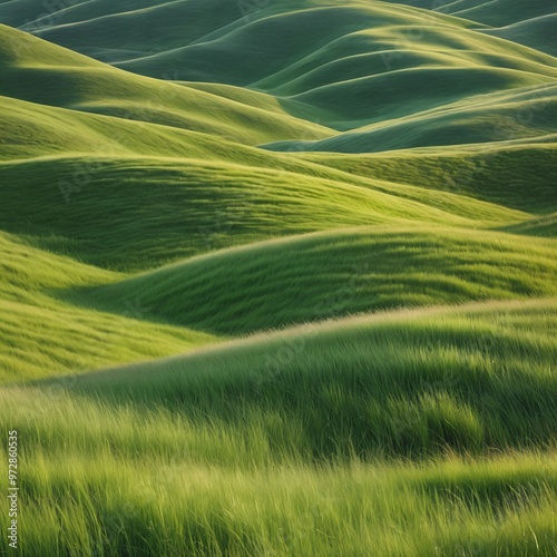 A serene landscape featuring a field of lush green grass with hills in the background, suitable for use in nature-inspired designs and illustrations