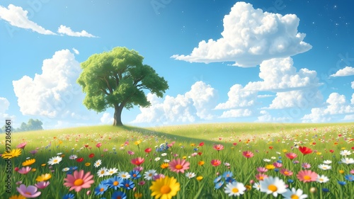 A tree stands tall in a meadow filled with diverse flowers and green grass, showcasing the beauty of nature