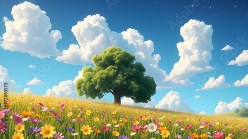 A tree stands tall in a meadow filled with diverse flowers and green grass, showcasing the beauty of nature
