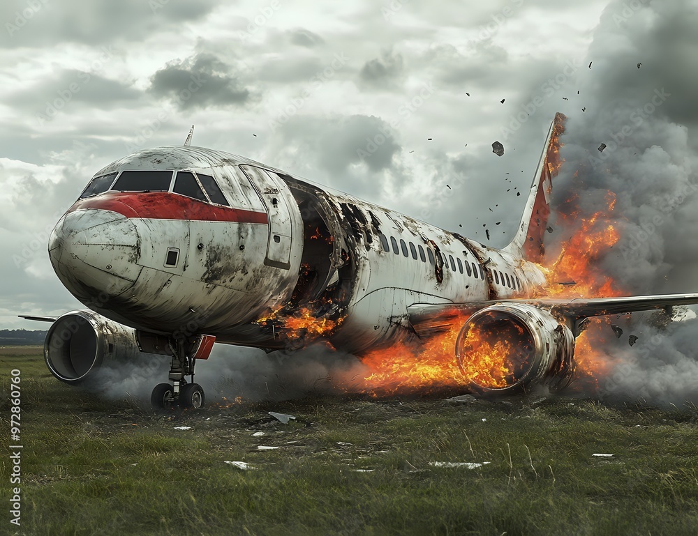 A burning airplane on a runway with smoke and debris surrounding it. A burning airplane on a runway with smoke and debris surrounding it.