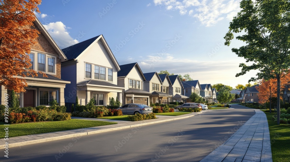 Newly built homes in a suburban setting, surrounded by green spaces and freshly Newly built homes in a suburban setting, surrounded by green spaces and freshly