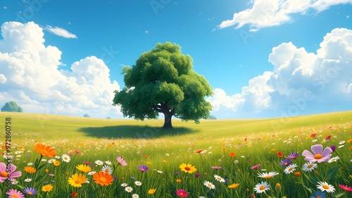 A tree stands tall in a meadow filled with diverse flowers and green grass, showcasing the beauty of nature