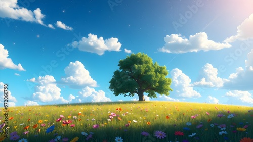 A tree stands tall in a meadow filled with diverse flowers and green grass, showcasing the beauty of nature