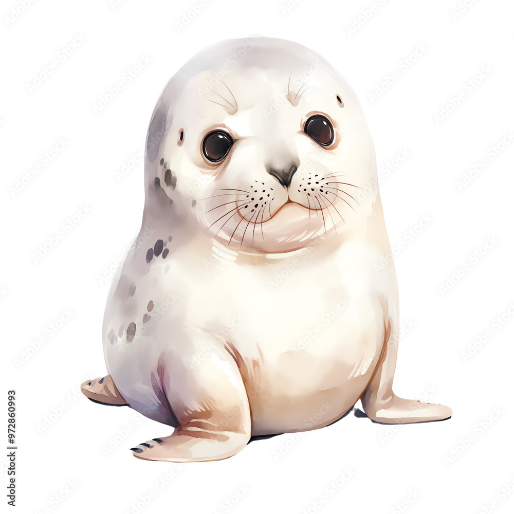 Adorable digital illustration of a baby seal with big eyes and a cute expression, perfect for animal-themed designs and projects.