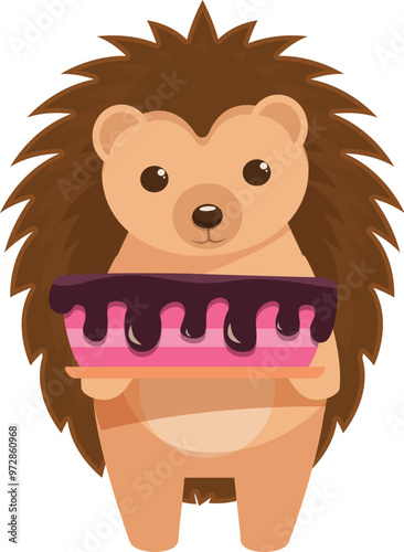 Cute little hedgehog standing and holding a delicious birthday cake with chocolate icing