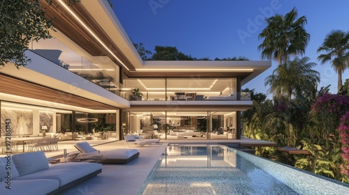 Luxurious house with pool at night.