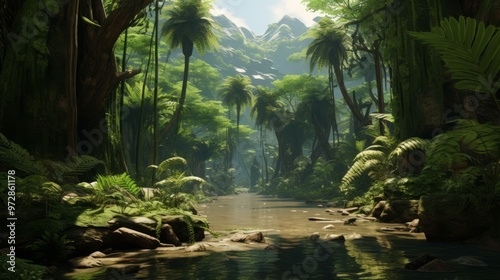 Tropical jungles of Southeast Asia with green wild plants. Neural network ai generated art