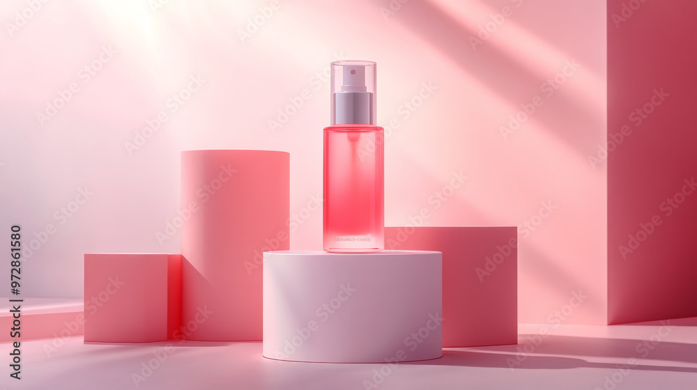 Transparent pink bottle on circular platform with a modern backdrop, highlighting product aesthetics. Transparent pink bottle on circular platform with a modern backdrop, highlighting product aesthetics.