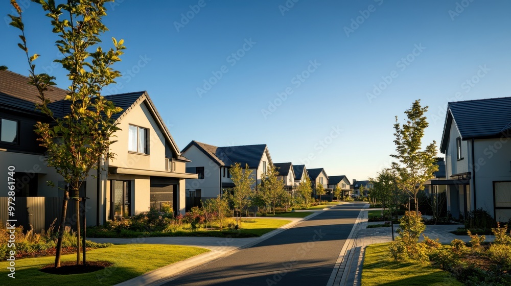 Newly built suburban homes in a pristine residential development, under a clear sky. Newly built suburban homes in a pristine residential development, under a clear sky.
