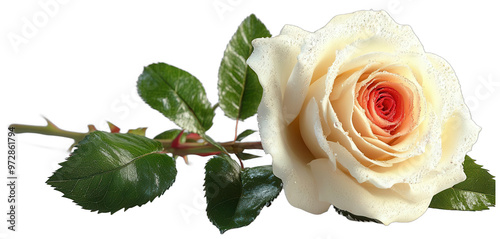 A single white rose with delicate peach center laying on a surface