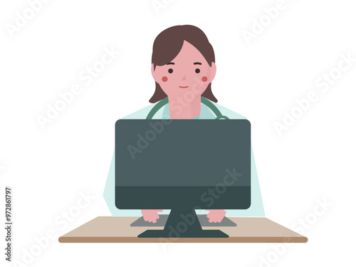 パソコンをするあ白衣を着た医者の女性。ベクターイラスト
