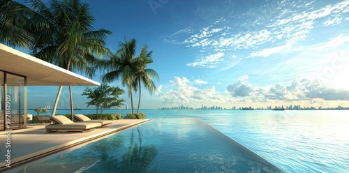 An image of a swimming pool in front of a modern luxury house. The picture is taken at a hotel resort or villa. photo