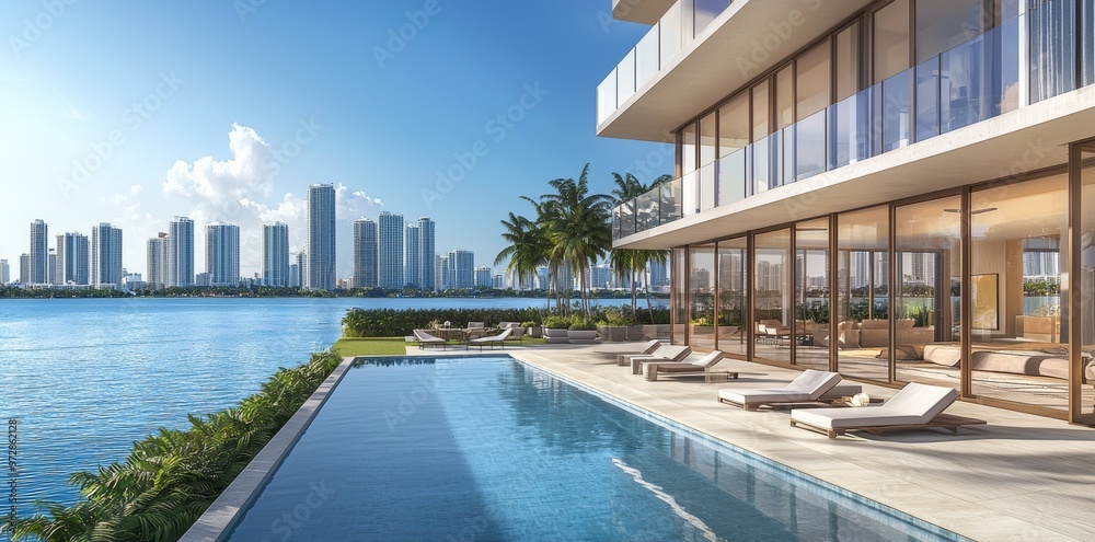 Fototapeta premium Stock, View of swimming pool in front of modern luxury house.