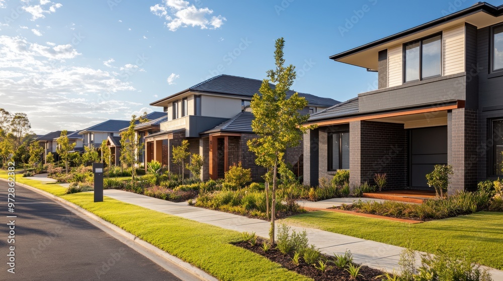 Newly completed suburban homes with contemporary architecture, surrounded by Newly completed suburban homes with contemporary architecture, surrounded by